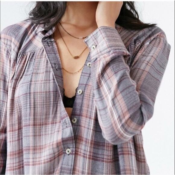 BDG Urban Outfitters Melanie Oversized Plaid Button Down Tie Front Top Sz M - Picture 7 of 11